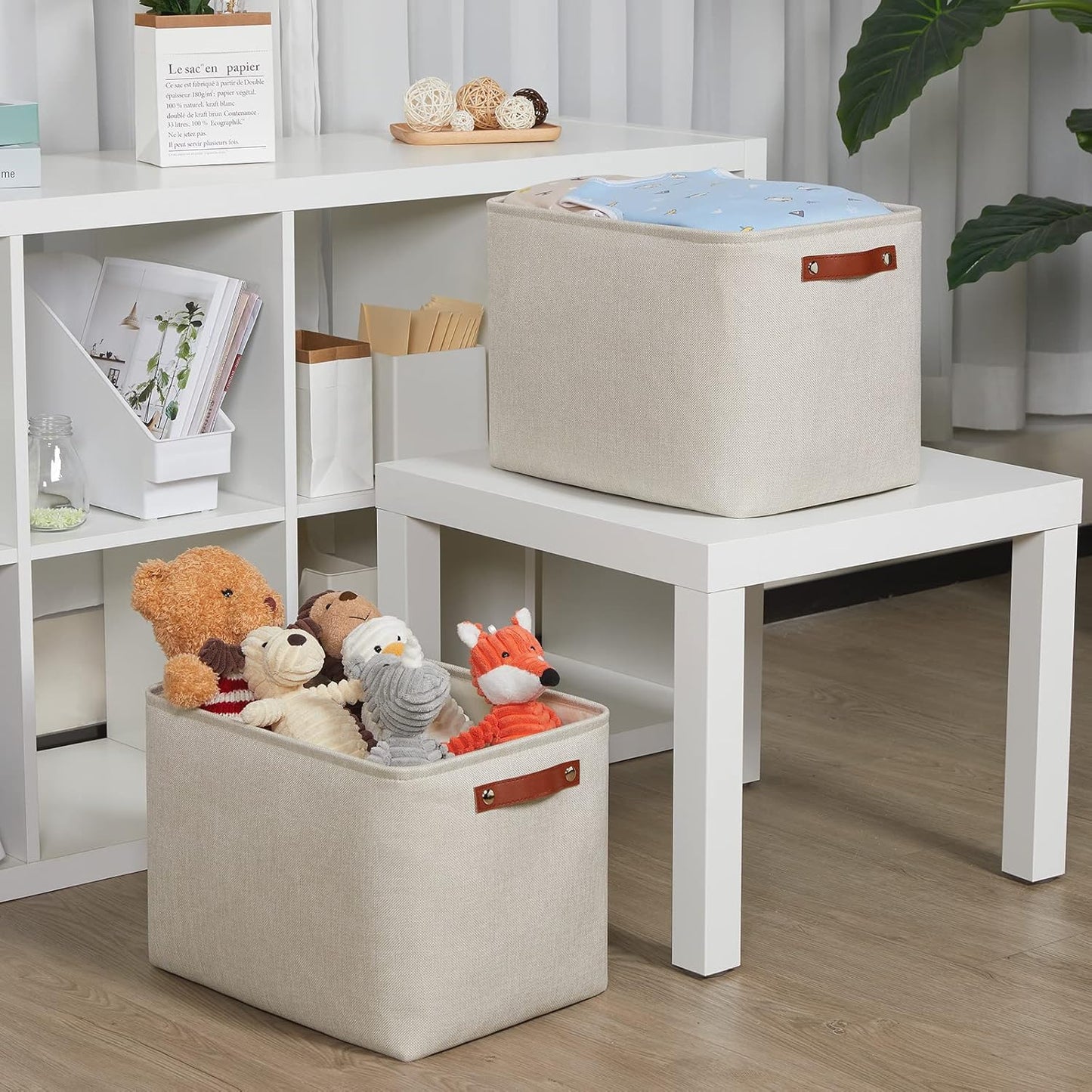 DULLEMELO 2-Pack Large Storage Baskets for Organizing 16"x12"x12" Canvas Fabric Storage Basket Bins With Leather Handles for Shelf Clothes Empty Gift Basket (Beige)