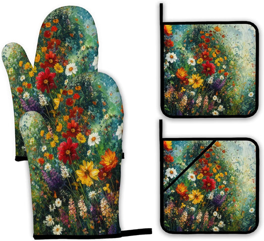 Vintage Flower Fields Oven Mitts and Pot Holders,Heat Resistant Oven Mitts Gloves and Pot Holder for Home Kitchen Decorations Cooking Baking BBQ Gifts,Set of 4