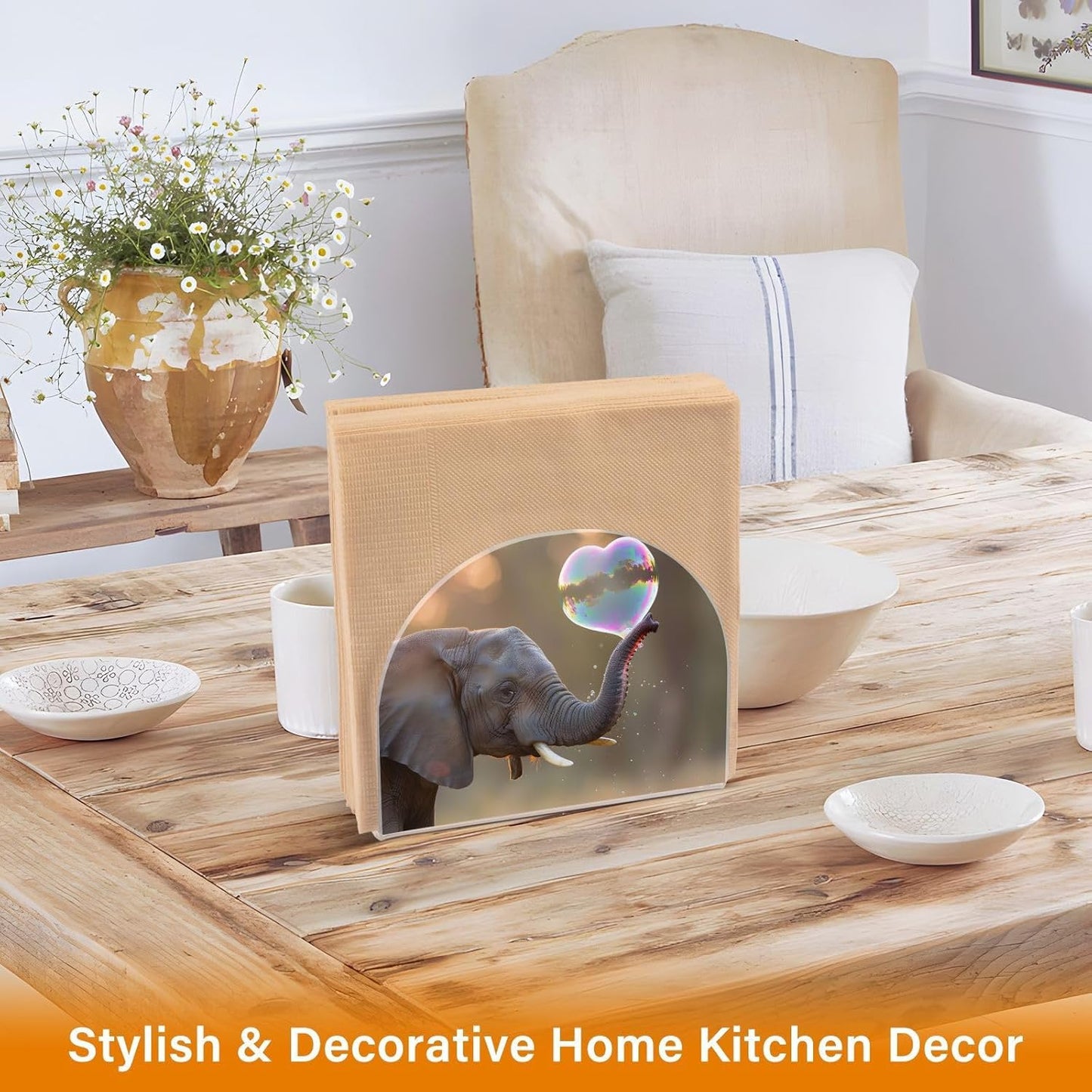 Elephant Blowing Heart Napkin Holder for Table Paper Napkins Holder Acrylic Tissue Dispenser Kitchen Dining Room Bathroom Party Car Decor