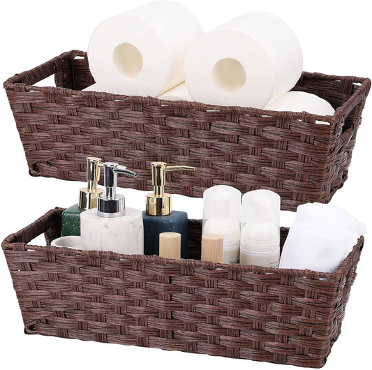Plastic Wicker Storage Baskets - Toilet Tank & Bathroom Baskets, Woven for Organizing, Brown, 15¾" x 6¾" x 4¾", 2-Pack