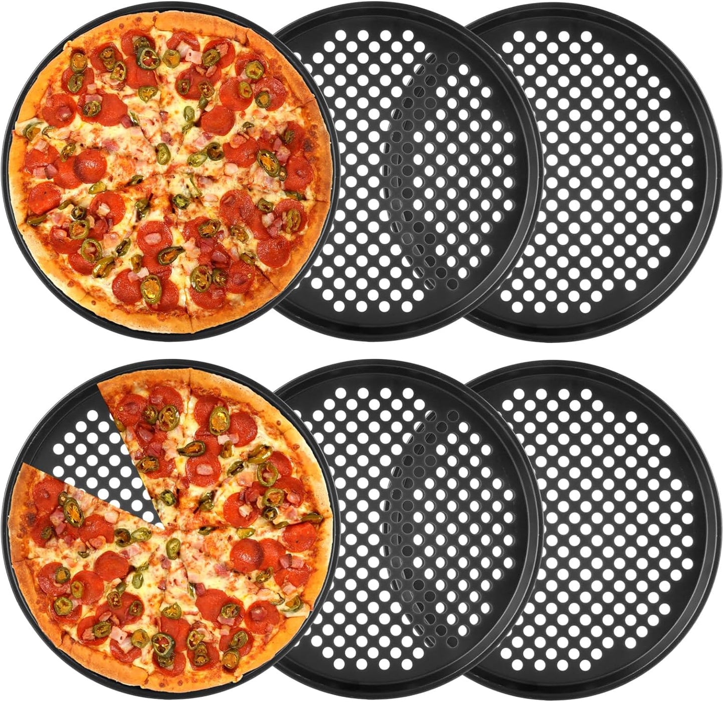 6PCS Pizza Pan with Holes 12 inch Round Pizza Pan Set Nonstick Pizza Baking Pan Carbon Steel Pizza Tray Black Pizza Crisper Pan for Home Baking Kitchen