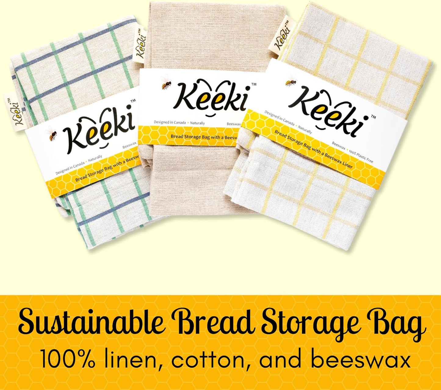 Keeki Bag - The Original Beeswax Lined Bread Bag for Homemade & Sourdough | Reusable Linen Bread Storage | Beeswax Wrap Alternative | Plastic-Free Storage w/Wide Drawstring Closure (Yellow)