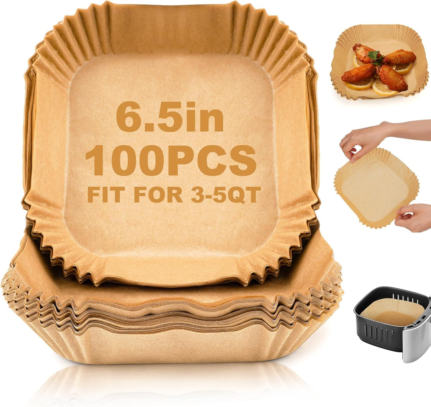 Air Fryer Paper Liner Disposable - 100PCS 6.5 Inch Square Liners for Air Fryer, Grease and Water Proof Non Stick Basket Parchment Paper