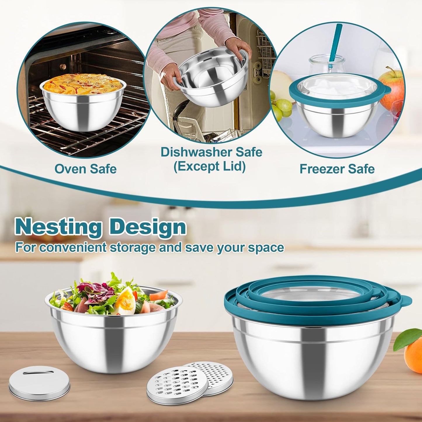 TeamFar Mixing Bowls, Stainless Steel Salad Serving Bowl with Clear Lids & 3 Graters, For Kitchen Cooking Prepping Storing, Size 4.6/2.6/1.5/1/0.7 QT, Nesting & Airtight, Set of 5 & Blue