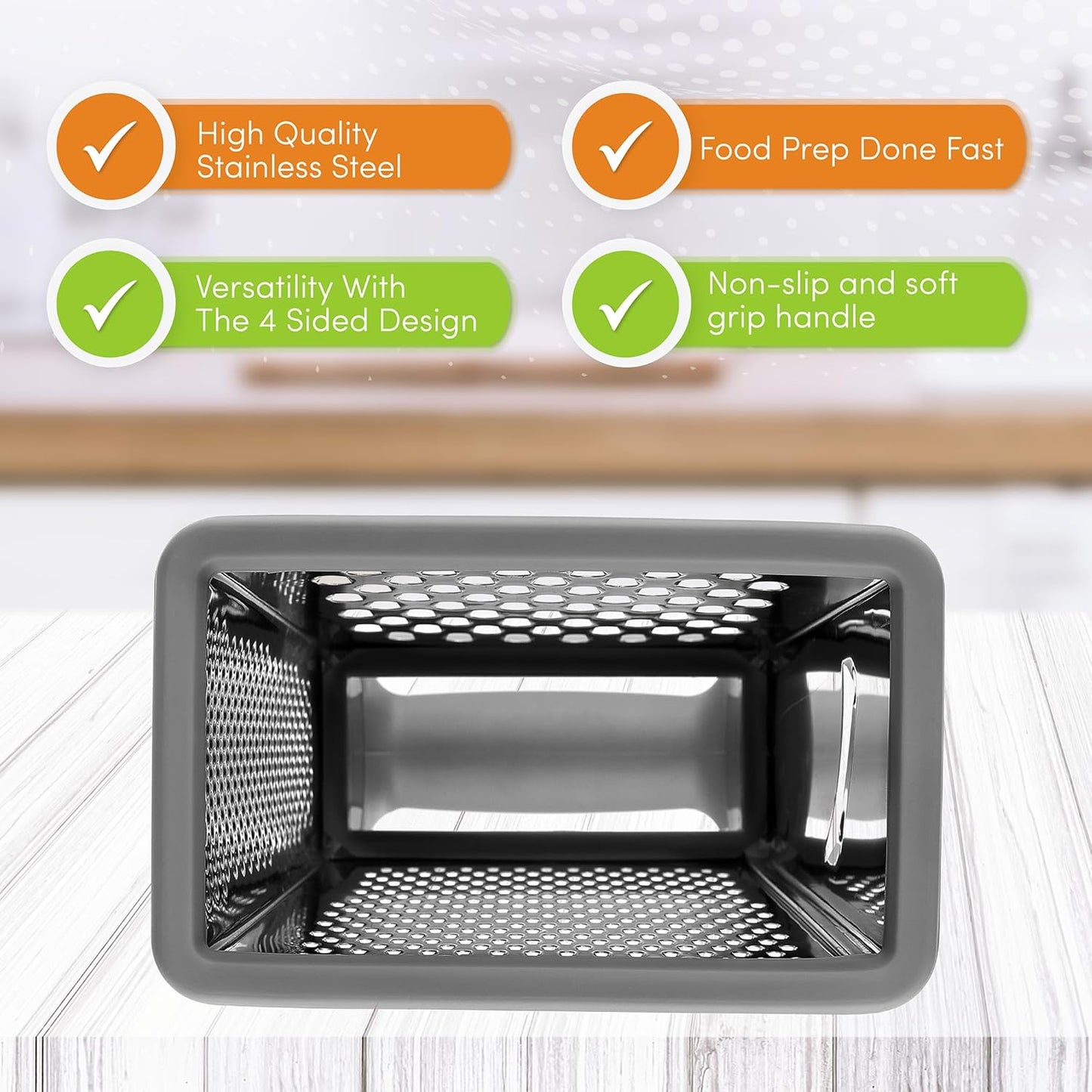 Spring Chef Professional Gray 10" Parmesan Cheese Grater With Container, Stainless Steel & Soft Grip Handle, 4 Sided Kitchen Carrot Shredder, Handheld Box Grater for Potato, Veggie, Ginger, Hashbrown