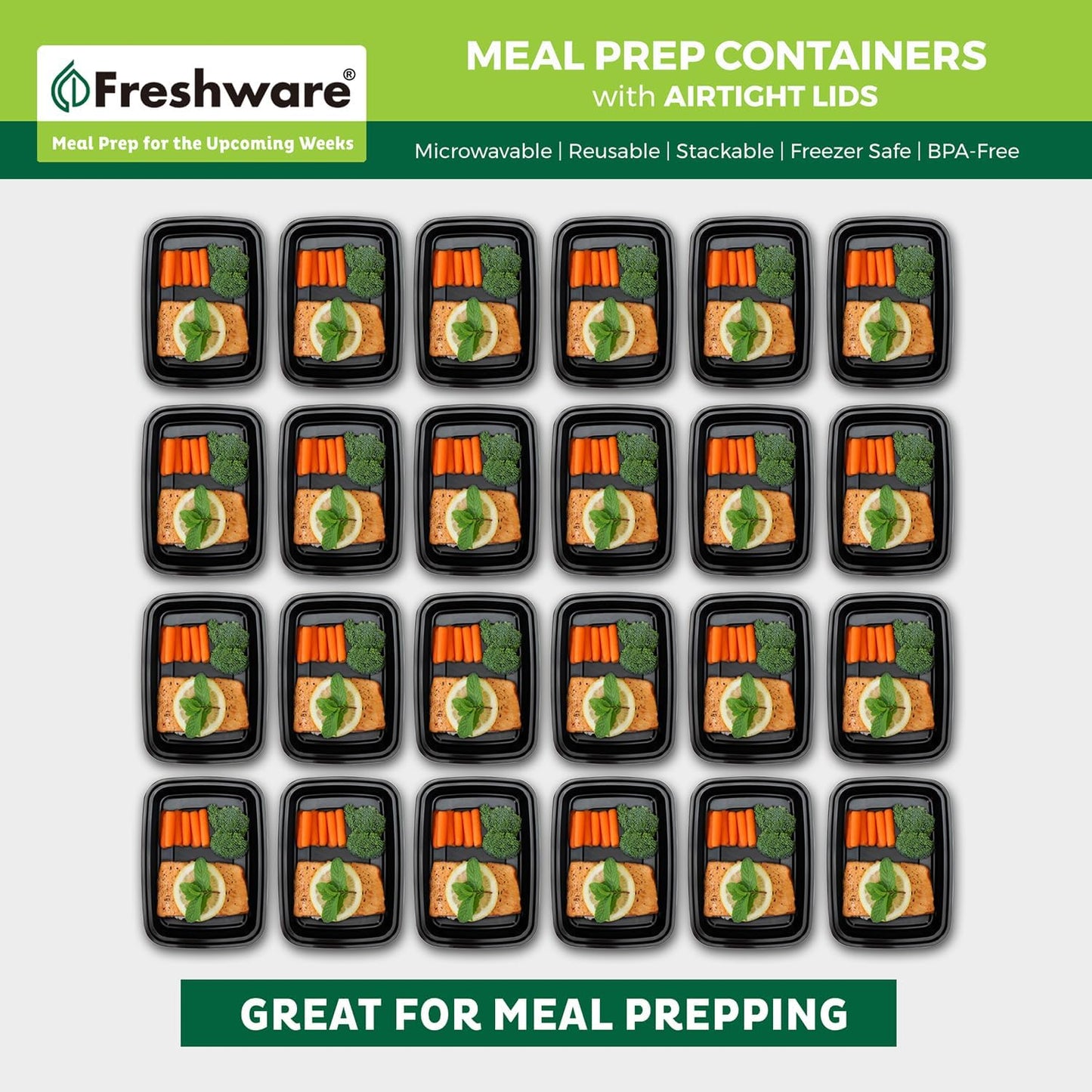 Freshware Meal Prep Containers [50 Pack] 1 Compartment with Lids, Food Storage Containers, Bento Box, BPA Free, Stackable, Microwave/Dishwasher/Freezer Safe (24 oz)