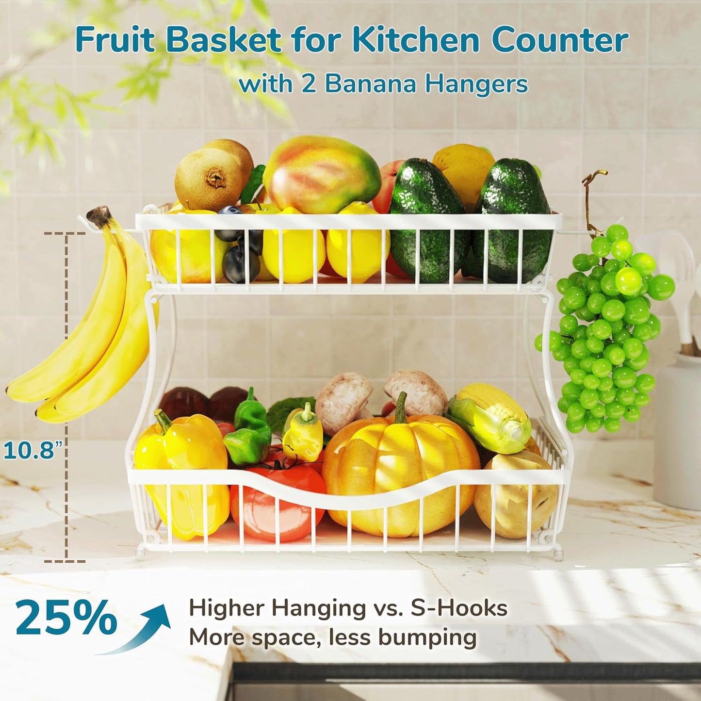 Large 2-Tier Fruit Basket for Kitchen Counter with 2 Banana Hangers – Metal Fruit Bowl for Onion, Vegetable, Snacks, Breads Storage – Countertop Organizer – White