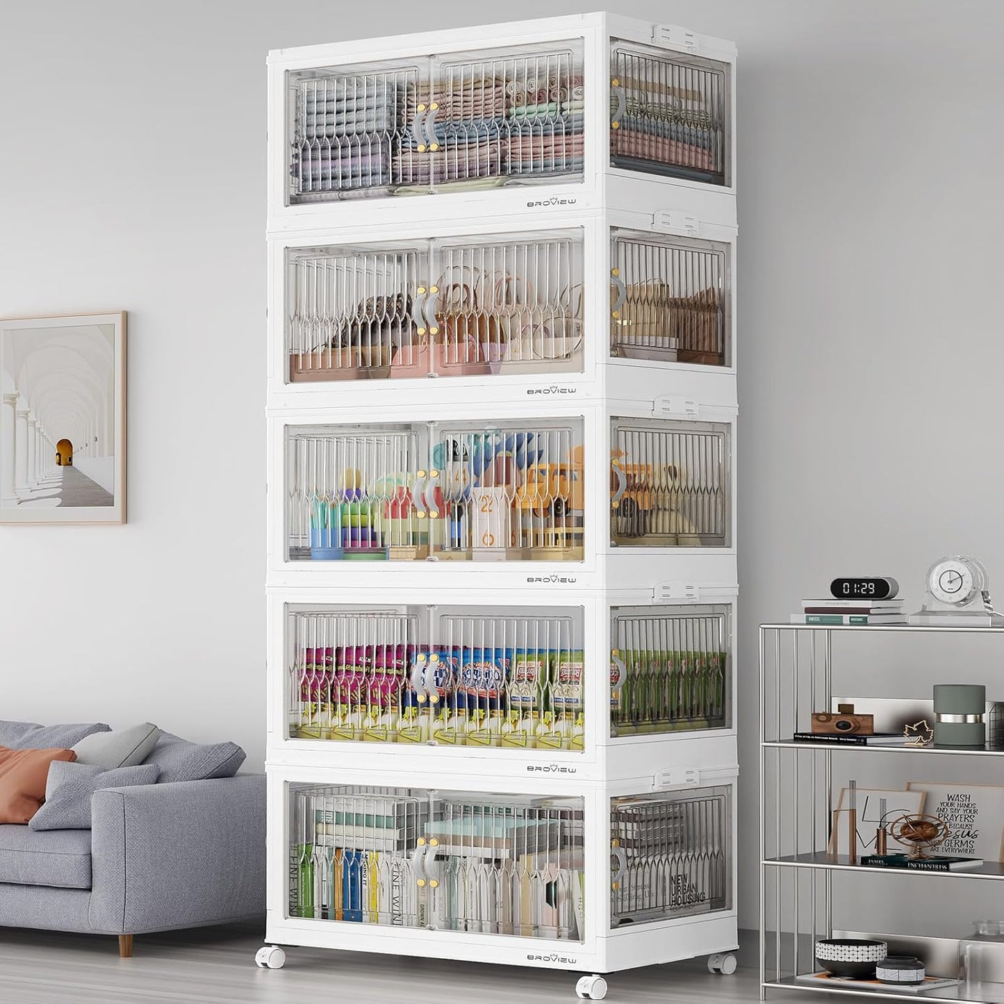 600QT Large Stackable Storage Bins with Lids, Plastic Closet Organizer and Storage Drawer, Collapsible Storage Box with Wheels, Folding Storage Cabinet with Doors for Home Kitchen, 5Pack White