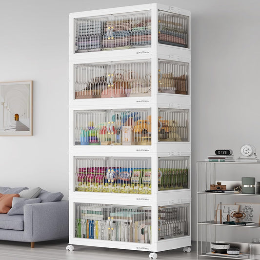 600QT Large Stackable Storage Bins with Lids, Plastic Closet Organizer and Storage Drawer, Collapsible Storage Box with Wheels, Folding Storage Cabinet with Doors for Home Kitchen, 5Pack White