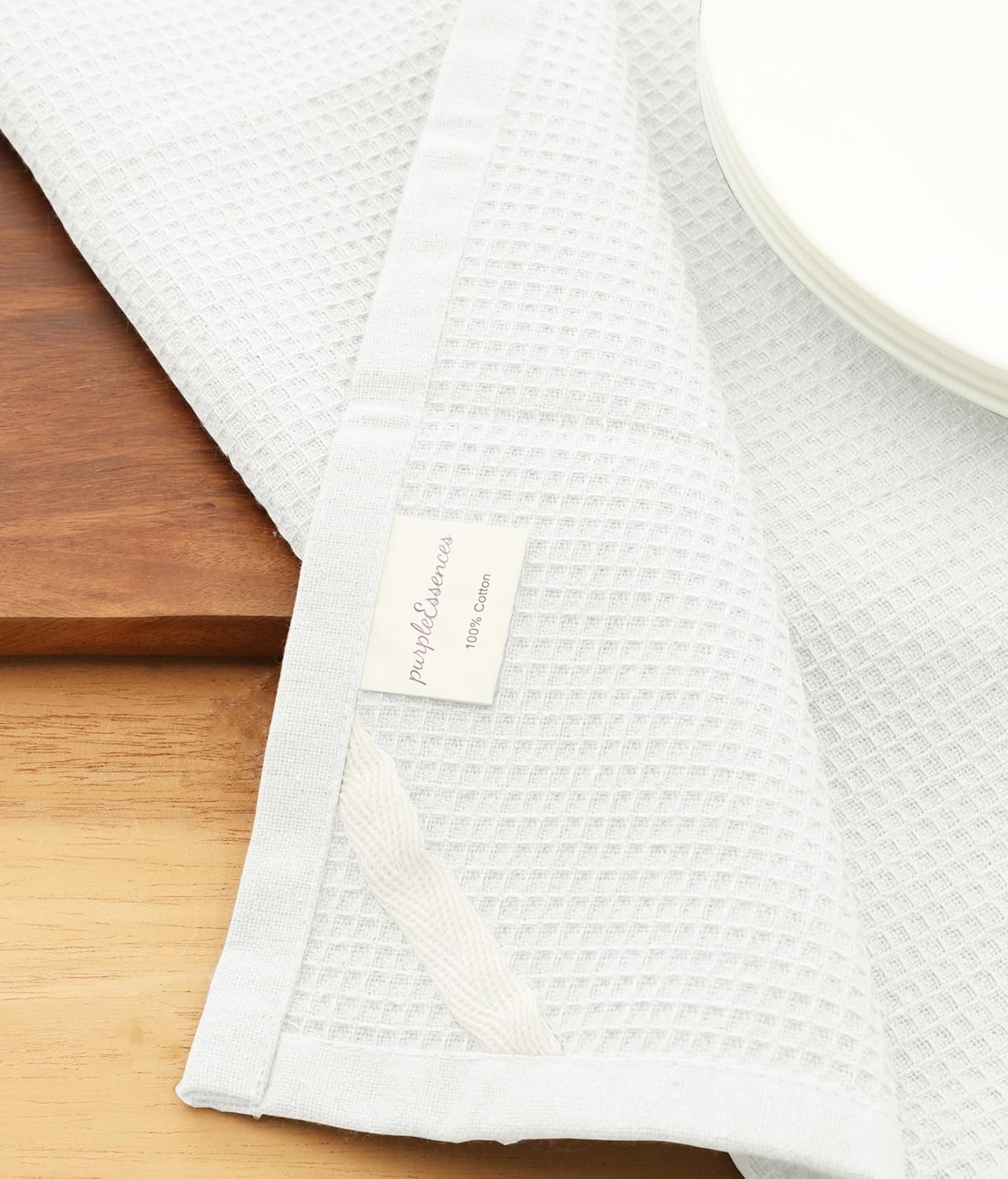 PurpleEssences Waffle Weave Kitchen Towel, 100% Cotton - 15 x 25 Inches, with Hanging Loop Ultra Soft Absorbent Quick Drying Dish Cloth, Tea and Hand Towels, 4 Pack - Spring Summer - White