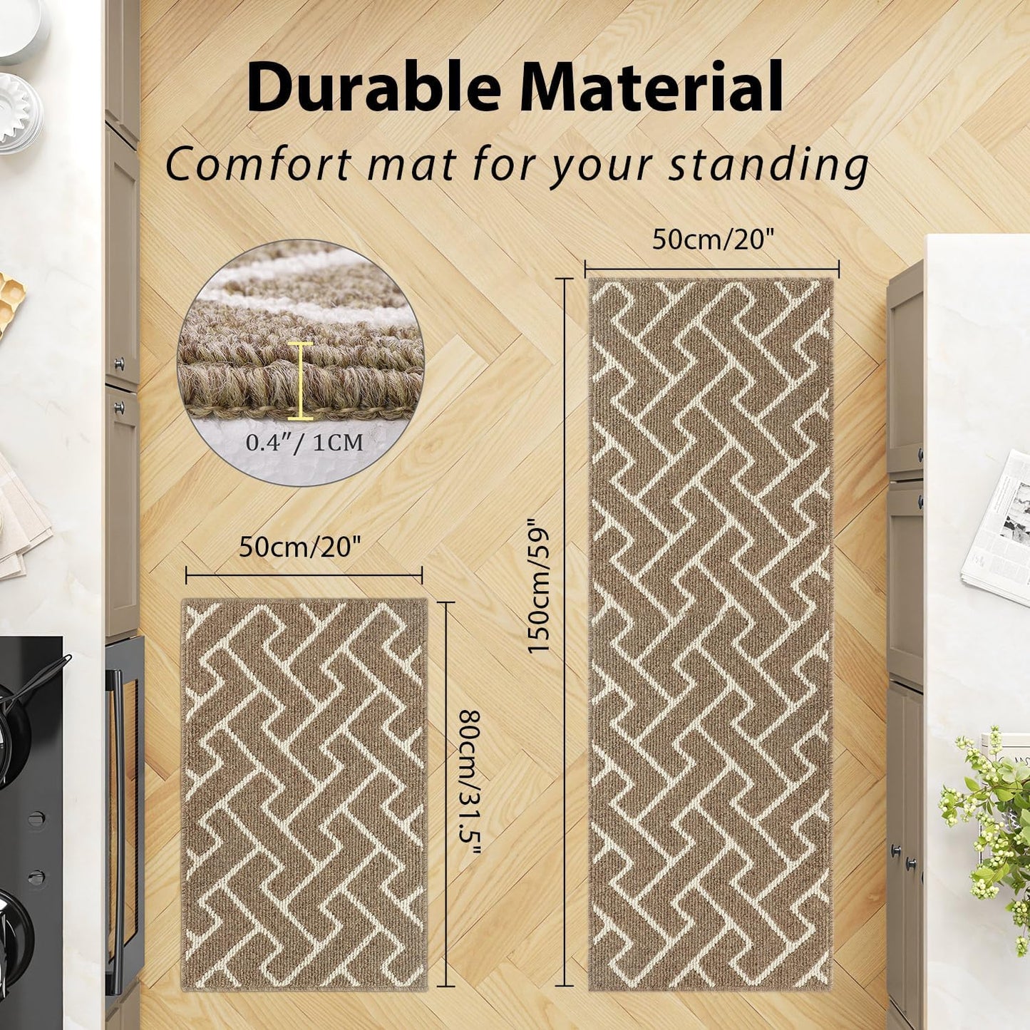 hicorfe Kitchen Rugs and Mats Sets,Non-Slip 2 Pieces Absorbent 100% Polypropylene Rug,Comfort Kitchen Runner Mat,Washable for Kitchen,Sink,Laundry(20" x 31.5" Plus 20" x 59",Beige)