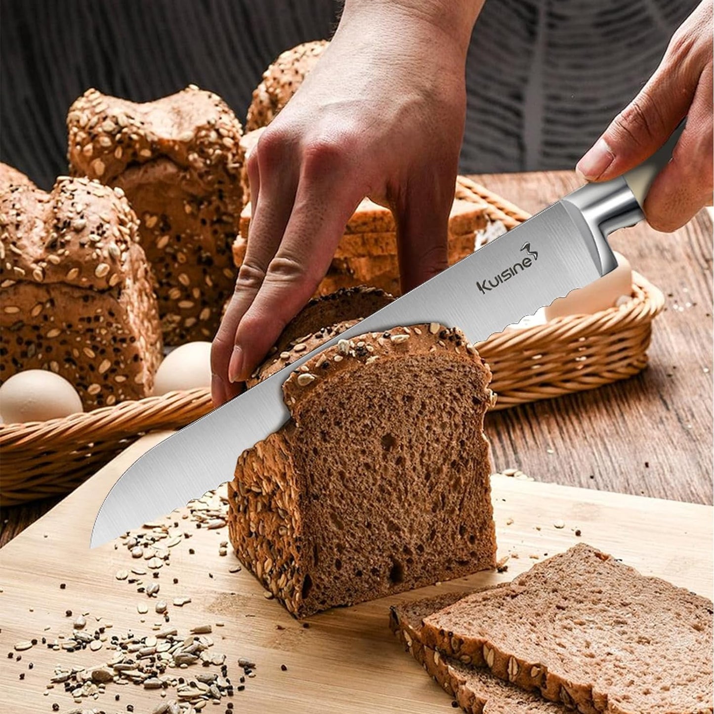 Kuisine Chef Knife Set,High Carbon Stainless Steel Sharp Knife Set Ergonomic Handle,Kitchen Knife Block Set with Built-in Sharpener(Ivory Pro,15PCS)