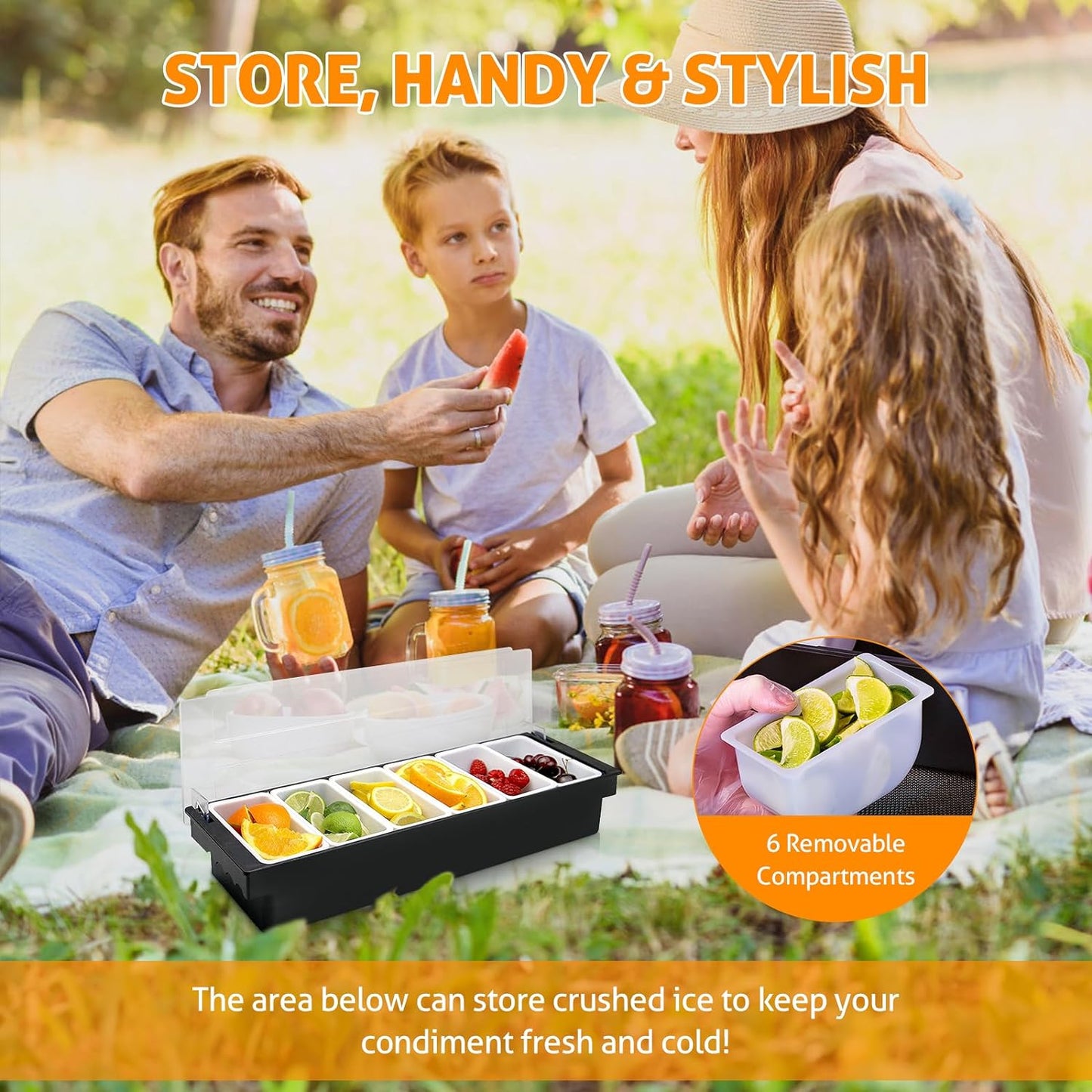 WICHEMI Fruit, Veggie & Condiment Caddy with Lid Dispenser Tray Garnish Station for Bartending & Serving Taco, Ice Cream, Salad Bar - Topping Organizer for Restaurant Supplies (6 Compartment, 2 Pack)