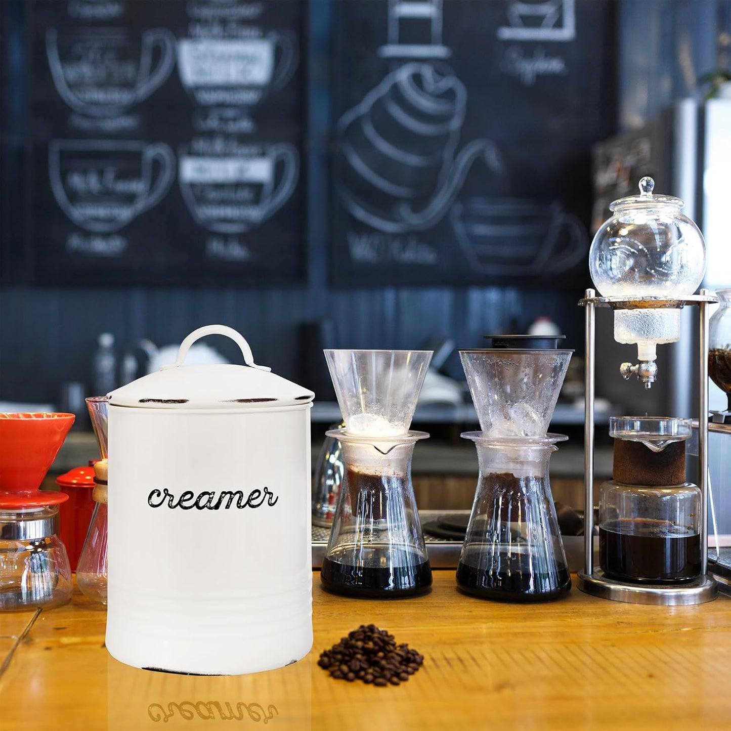 AuldHome Design Enamelware White Creamer Canister; Rustic Distressed Style Coffee Accessory Storage for Kitchen