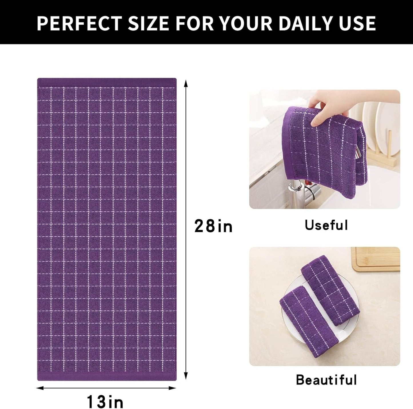 Homaxy 100% Cotton Terry Kitchen Towels(Purple, 13 x 28 inches), Checkered Designed, Soft and Super Absorbent Dish Towels, 12 Pack