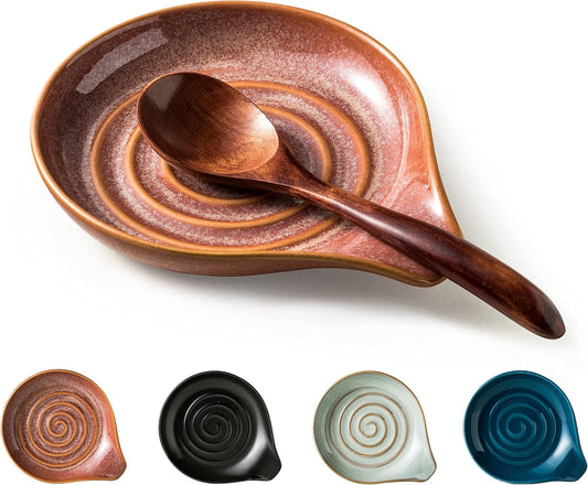 Spoon Rest, Ceramic Cooking Spoon Holder for Kitchen Counter, Large Utensil Rest for Spoons, Ladles, Tongs, Spatula, 5 Inches (Reactive Red Glazed)