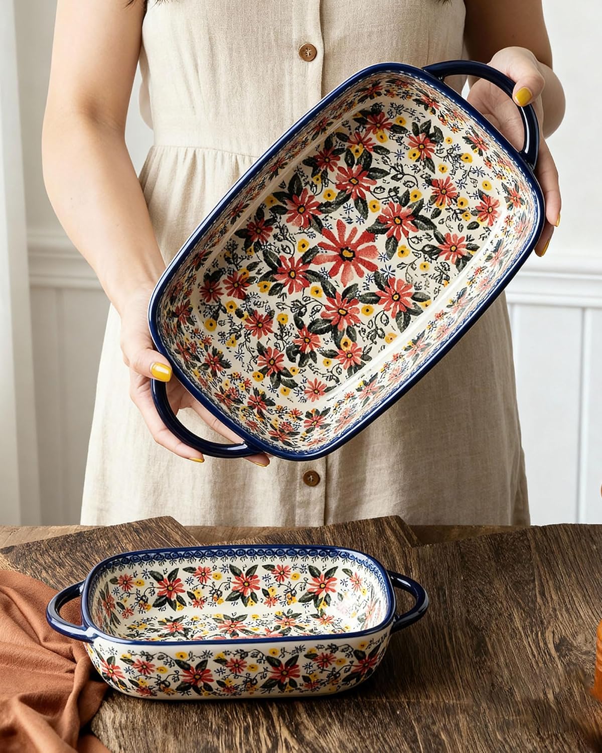 Polish Pottery Style Ceramic Baking Dish Set of 2 – Decorative Casserole Dishes with Handles, Cute Oven-Safe Lasagna Bakeware Gift Set