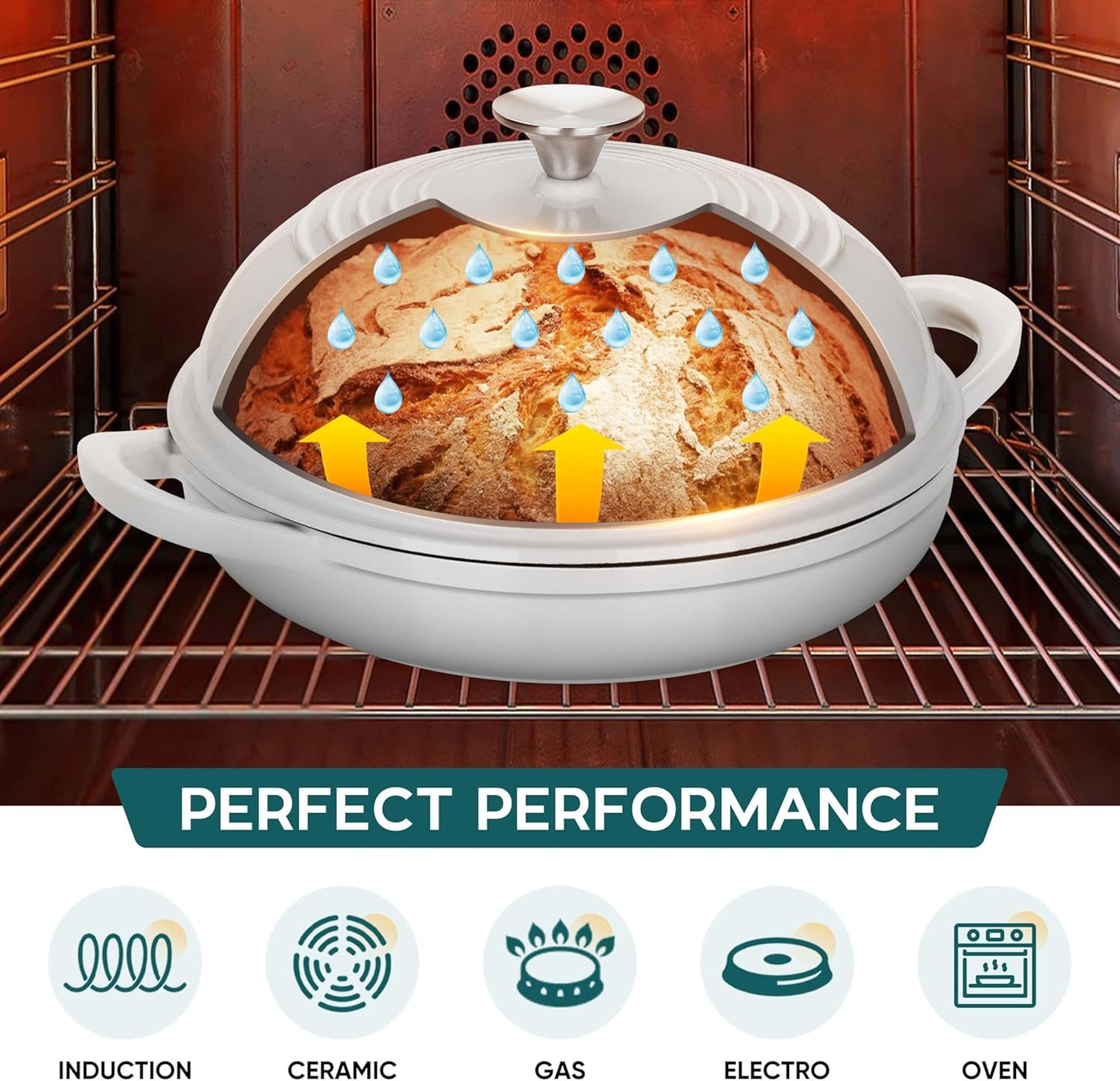 E-far Dutch Oven for Sourdough Bread Baking, 6 Qt Round Enameled Cast Iron Dutch Oven for Homemade Artisan Bread, Dome Lid & Shallow Base, Matte Black Interior & Durable, Oven-Safe to 500℉, White