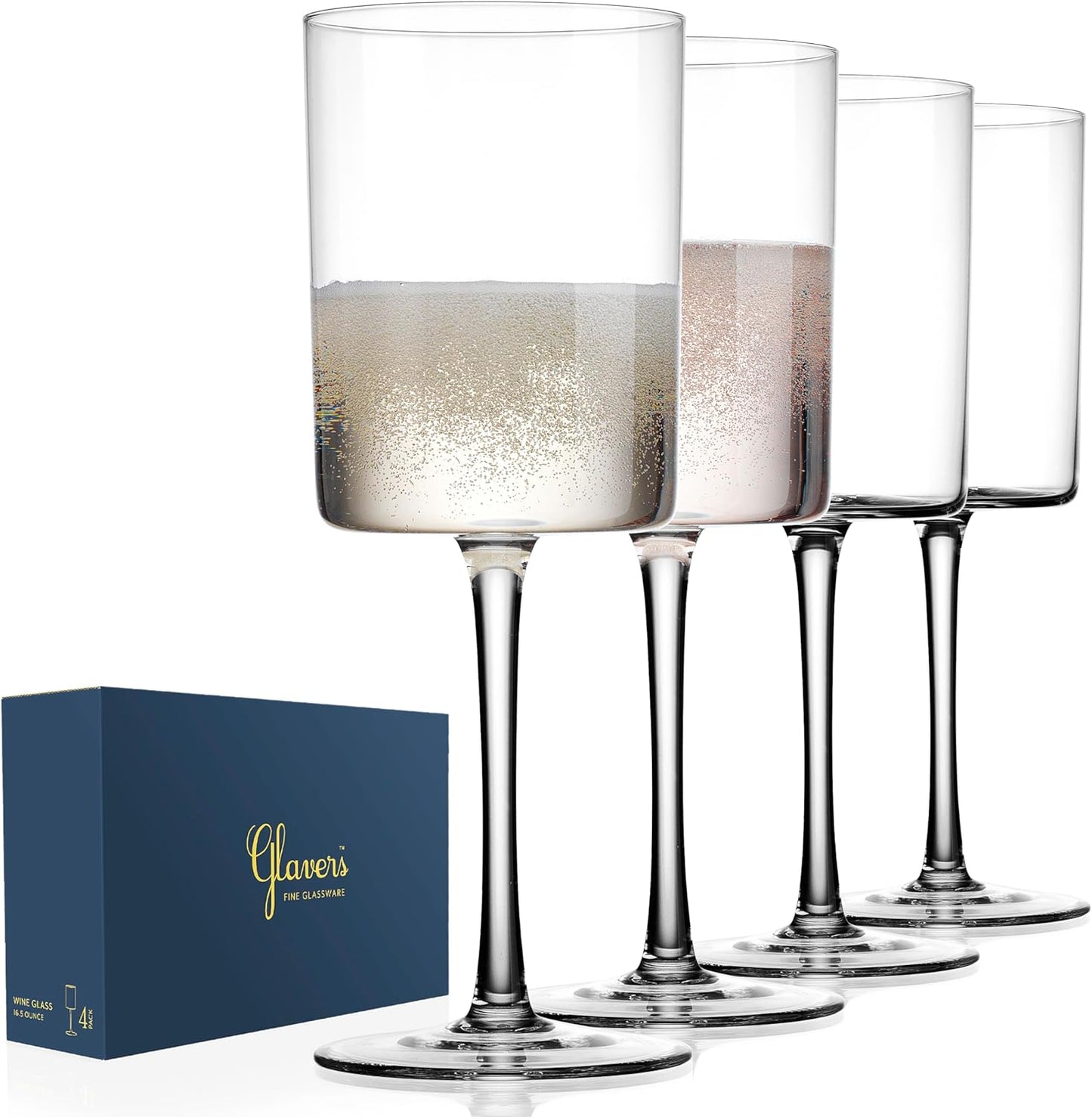 Square Wine Glasses Set of 4-16 oz - Crystal Wine Glass Set in Gift Packaging - Large Red Wine Glass on Long Stem - Housewarming Gifts New Home - Glasses Drinking Set - For White & Red Wine