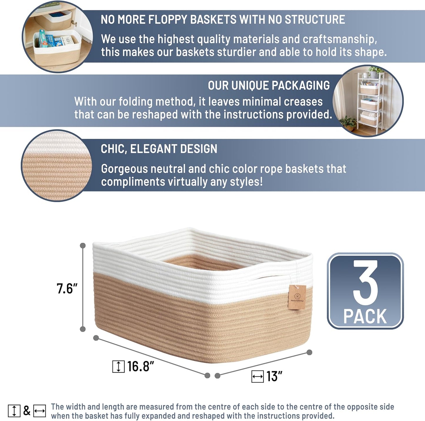 NaturalCozy Storage Baskets 16.8”x13”x7.6” Cotton Rope Woven Baskets for Organizing 3-Pack | Toy Storage Bins | Basket for Shelves, Laundry, Blanket, Clothes, Closet, Kitchen, Bathroom, Gifts