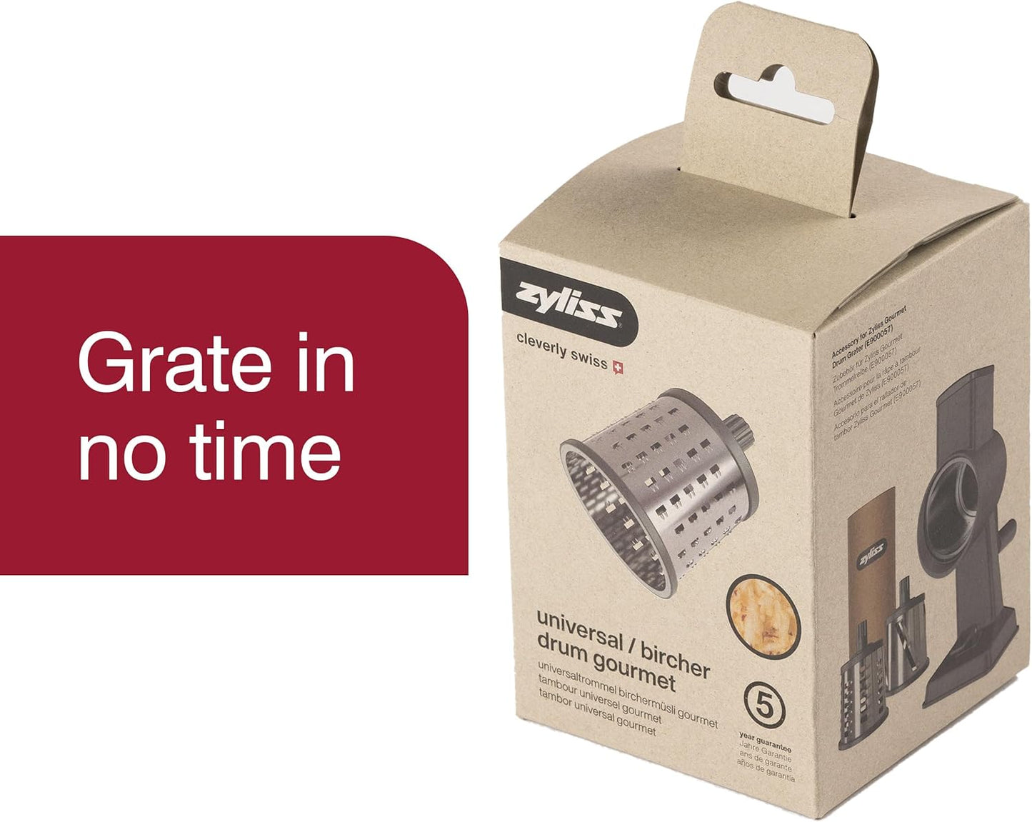 Zyliss E900059 Universal Drum Grater, Stainless Steel, Grating Apples, Cereals, Granola, for Use with Zyliss Rotary Cheese Grater, 5 Year Guarantee