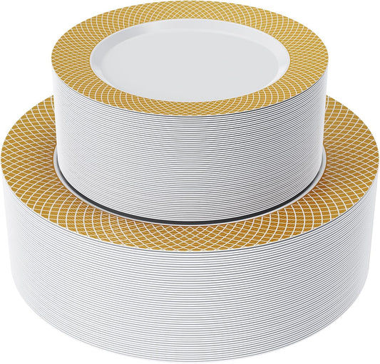 FOCUSLINE Gold Plastic Plates Set of 102, Disposable Plates with Gold Grid Rim 51 Dinner Plates 10" and 51 Salad Dessert Appetizer Plates 7", Elegant Fancy Heavy Duty Wedding Party Plates