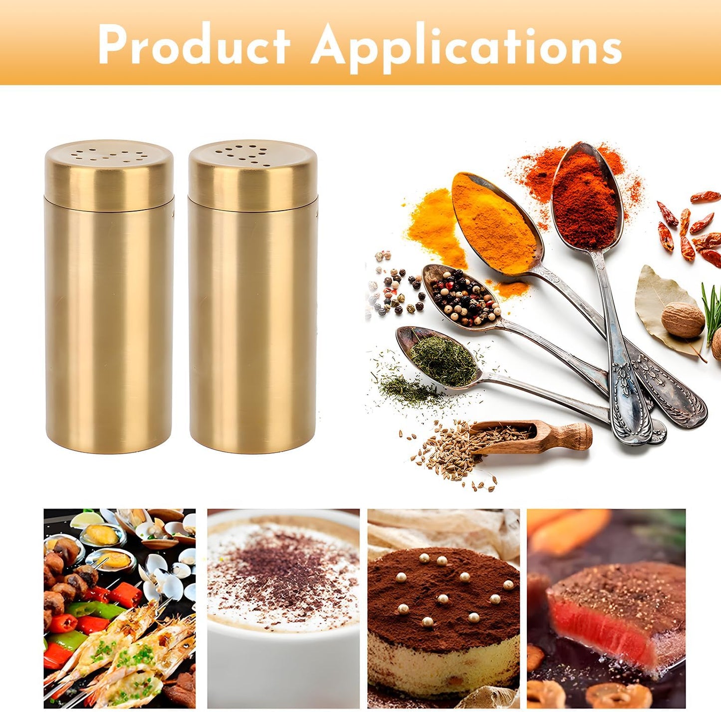 2Pcs Gold Spice Jars P/S Hole Condiment Jar Stainless Steel Seasoning Jar Bottle for Sugar, Salt, Pepper,Spices, for Home Kitchen, Dining Room(3.4×1.5in)