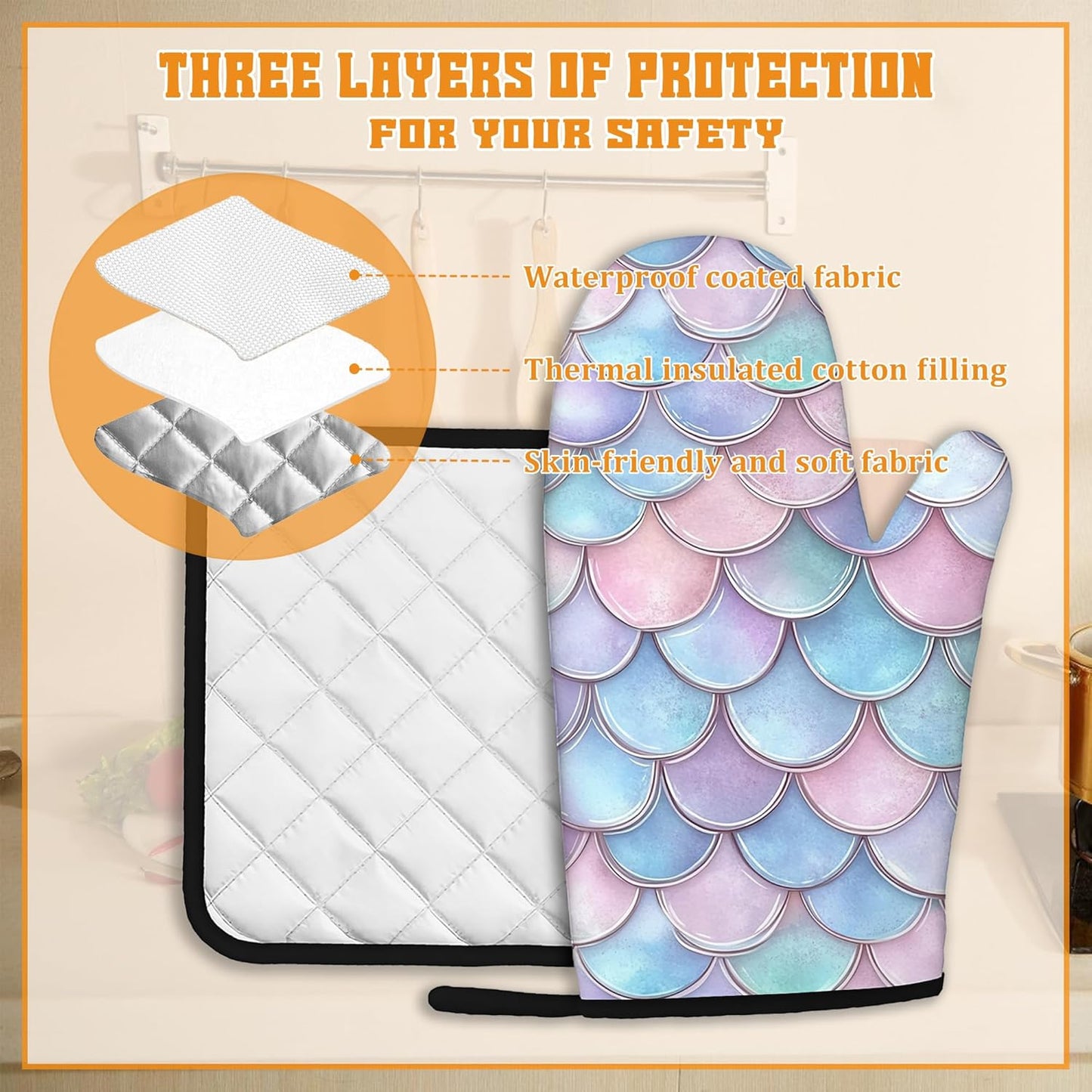 Pink Fish Scales Oven Mitts and Pot Holders Set,Mermaids Kitchen Decor Heat Resistant Non Slip Hot Pads and Oven Mitt for Chef Cooking Baking BBQ Mom Girl Gifts(4 Piece Set)