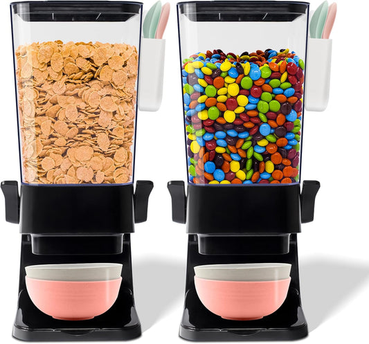 Cereal Dispenser Countertop Black 2 Pack with Bowls Spoons Cutlery Box, 5.5 QT Dry Food Dispenser Snack Organizer Containers Storage for Pantry Kitchen Organization Oatmeal Nut