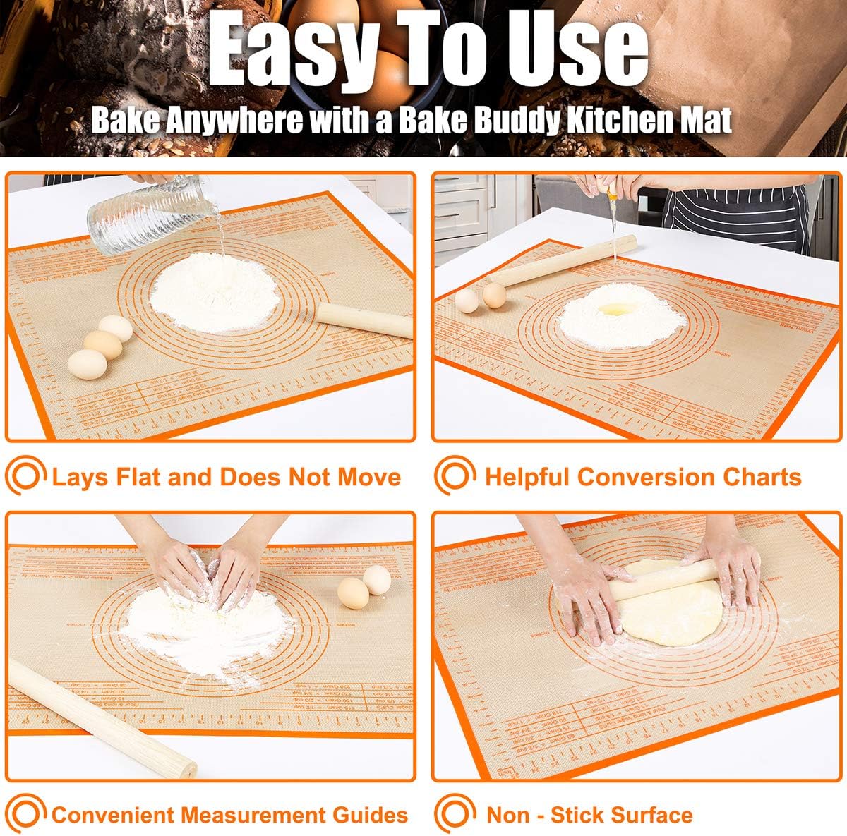Non-slip Silicone Pastry Mat 36X24 inches Baking Mat with Measurement, Perfect for Dough, Pastry, Pie Crust, Fondant, Cookies, Bread, Pasta, Pizza, Food Grade Kitchen Counter Mats