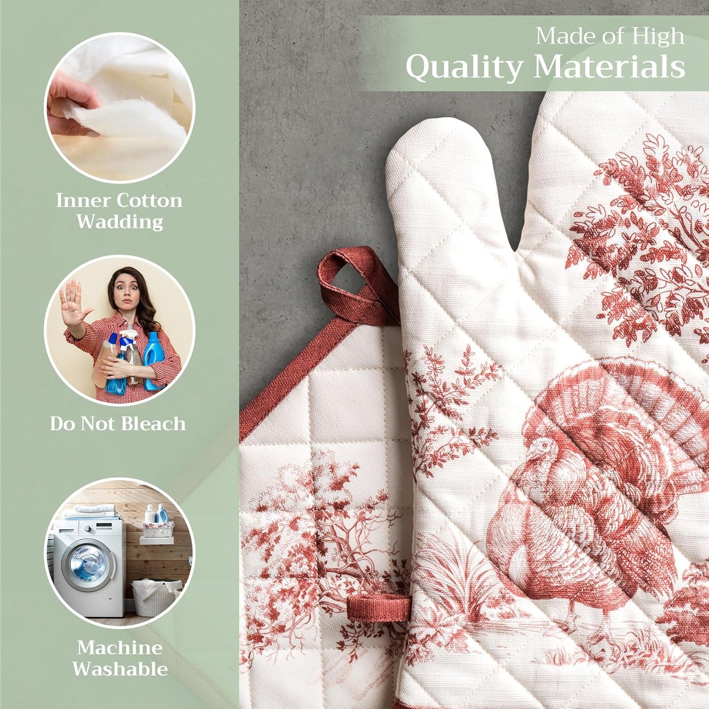 Maison d' Hermine 100% Cotton Oven Mitt & Pot Holder Set (7.5"x13" & 8"x8") Heat Resistant BBQ Cooking Gloves with Loop, Baking, Grilling, Kitchen, Handling Hot Pans (Holy Jouy - Red)