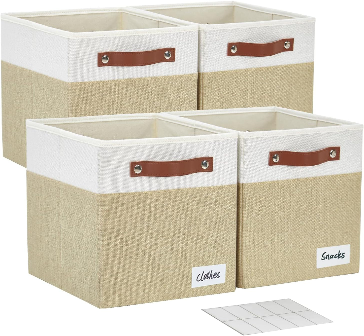 Collapsible Fabric Storage Cube Bins with 2 Reinforced PU Handles, Foldable Storage Organizer Baskets for Closet, Shelves, Living Room | 13"x13"x13", 4 Pack, Beige & White