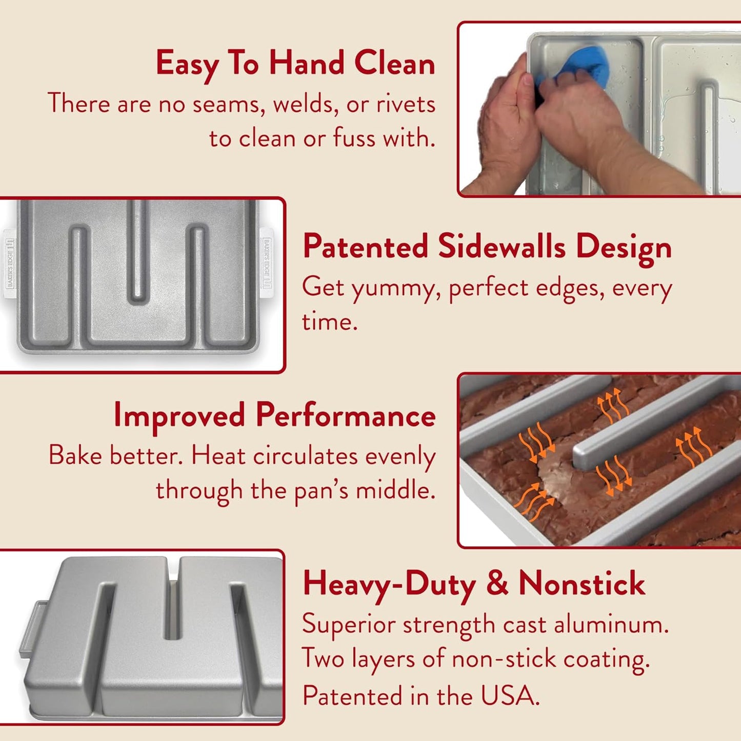 Baker's Edge Brownie Pan, The Original All Edges Brownie Pan for Baking | Premium Double Nonstick Coating, Heavy Gauge Cast Aluminum, Rectangular 9x12” Size Baking Pan - US Patented Design