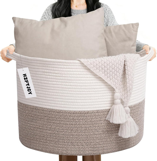 Large Blanket Basket for Organizing,115L Closet Organizers and Storage Bins Box for Shelves Woven Rope Storage Baskets,Living Room,Bedroom,Dorm,Laundry room (White&Brown)