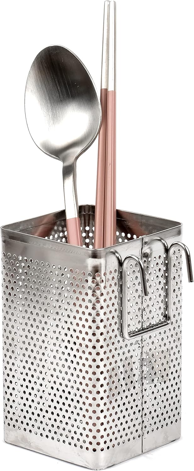 LENITH Kitchen Utensil Chopsticks Perforated Holder with Hooks - Stainless Steel Storage for Organizer Dishwasher Safe (Small Square)