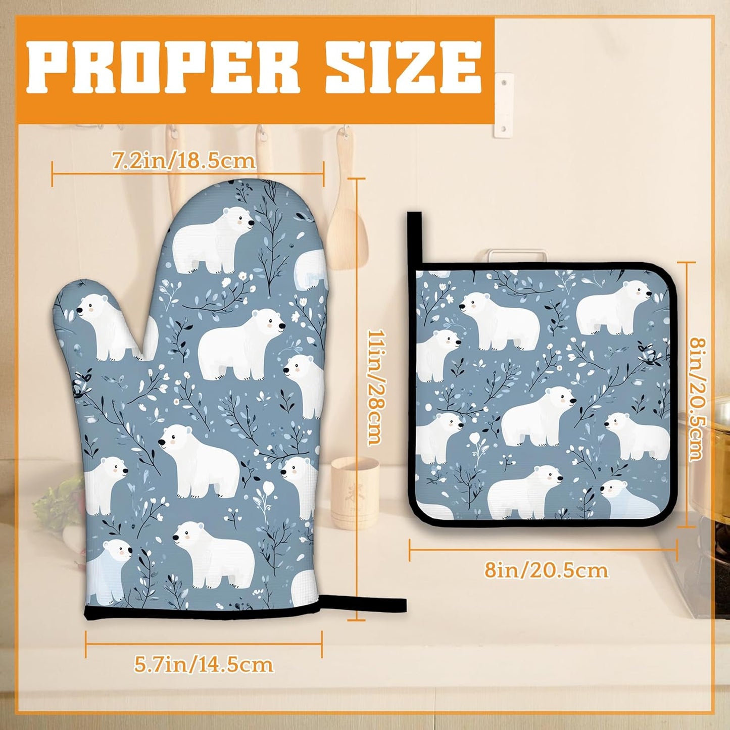Cute Polar Bear Oven Mitts and Pot Holders,Winter Heat Resistant Oven Mitts Gloves and Pot Holder for Home Kitchen Decorations Cooking Baking BBQ Gifts,Set of 4