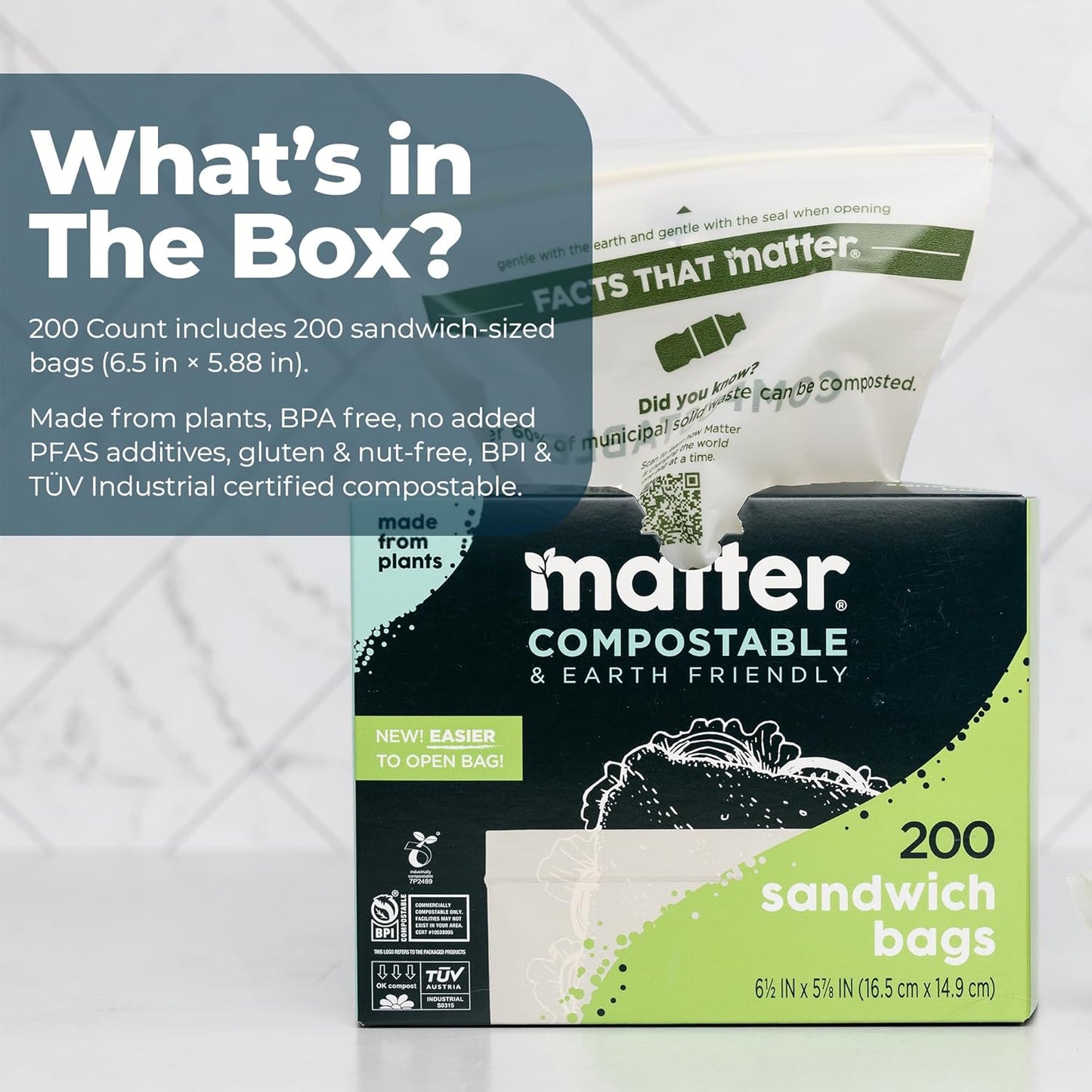 Matter Compostable Sandwich Bags for Food Storage, Eco-Friendly, Resealable, 200 Count