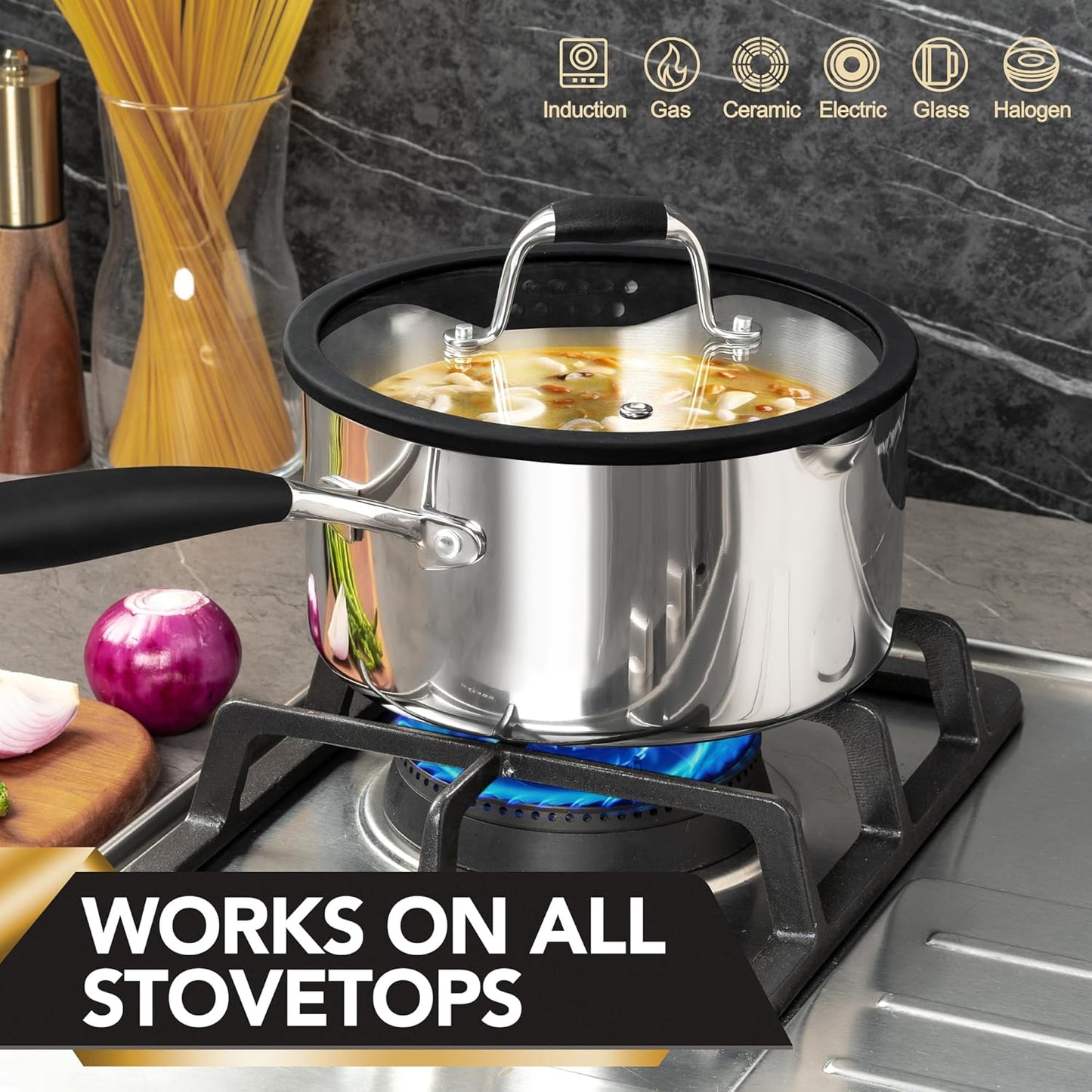 MICHELANGELO Triply Stainless Steel Saucepan Set with Strainer Lid, Heavy-duty Sauce Pan with Lid, Multipurpose Sauce Pot Induction Compatible - 1QT & 2QT & 3QT