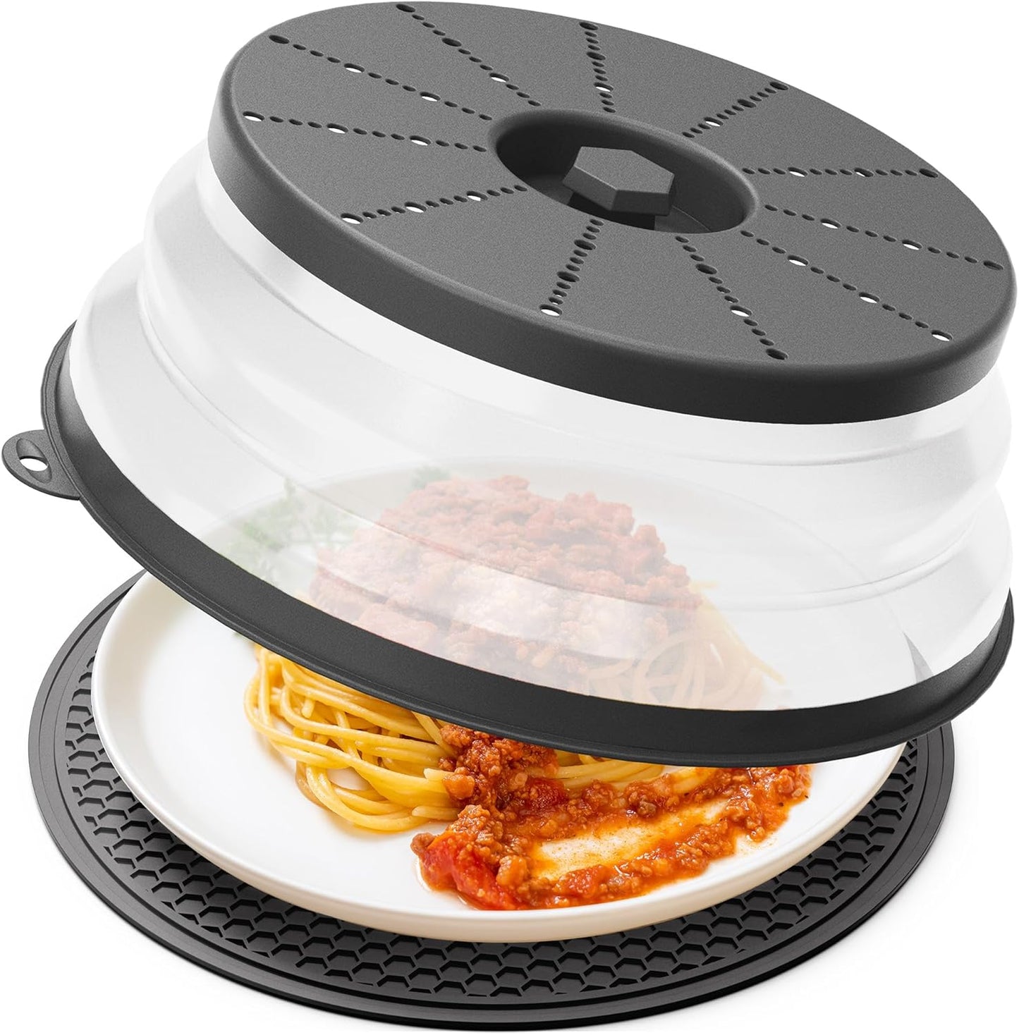 WVM Microwave Splatter Cover & Mat, Vented Collapsible Splatter Guard dish Plate lid & Silicone Round Kitchen Mat for Food, Meal Prep, Dark Grey