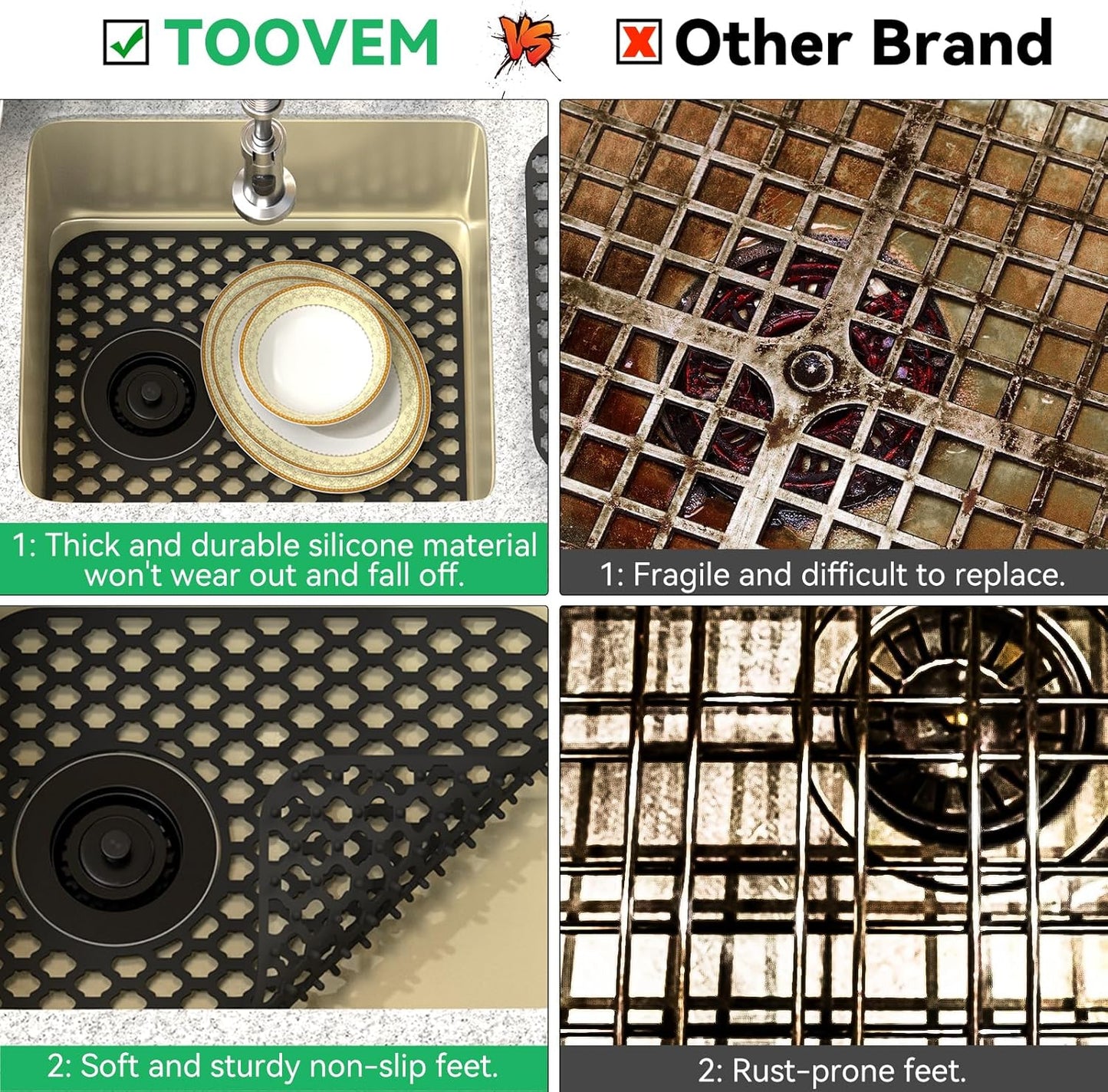 Sink Protectors for Kitchen Sink, TOOVEM 13.58"x 11.6" Kitchen Sink Mats Silicone Sink Protector, Sink Mat Grid for Kitchen Bottom of Farmhouse Stainless Steel Porcelain Sink Black 1PCS
