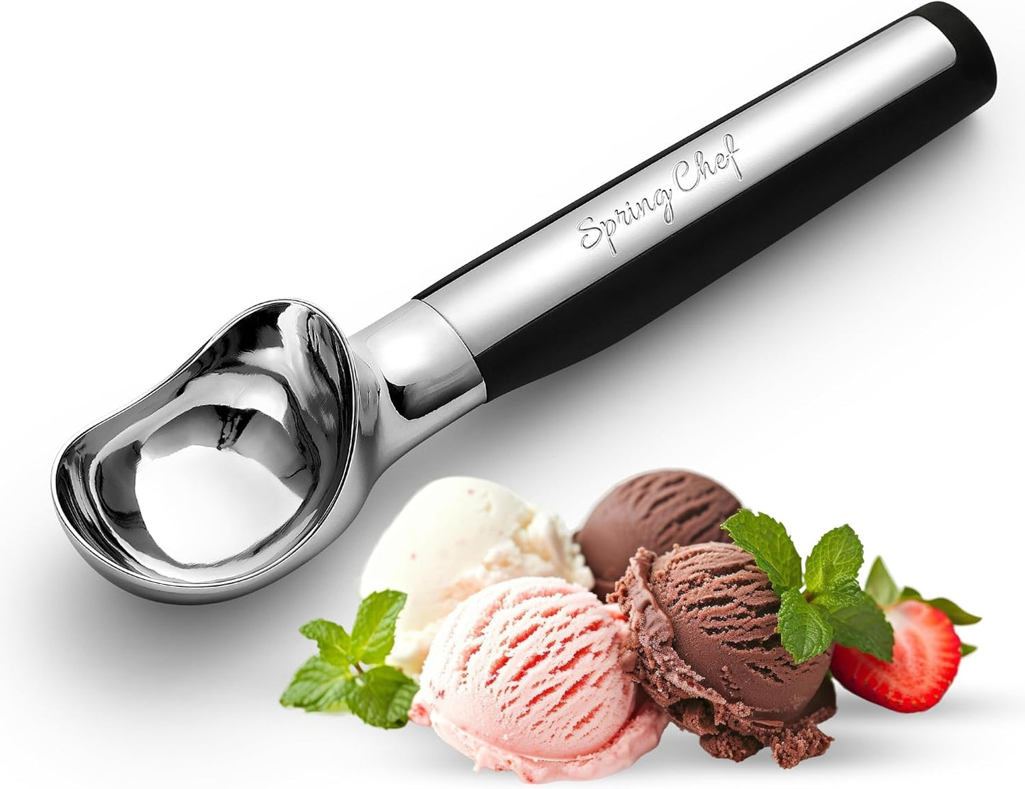 Spring Chef Heavy Duty Metal Ice Cream Scoop - Dishwasher Safe Ice Cream Scooper, Commercial Icecream Scoop Spade, Professional Kitchen Tool for Gelato, Melon, Sundae, Cookie Spoon - Black