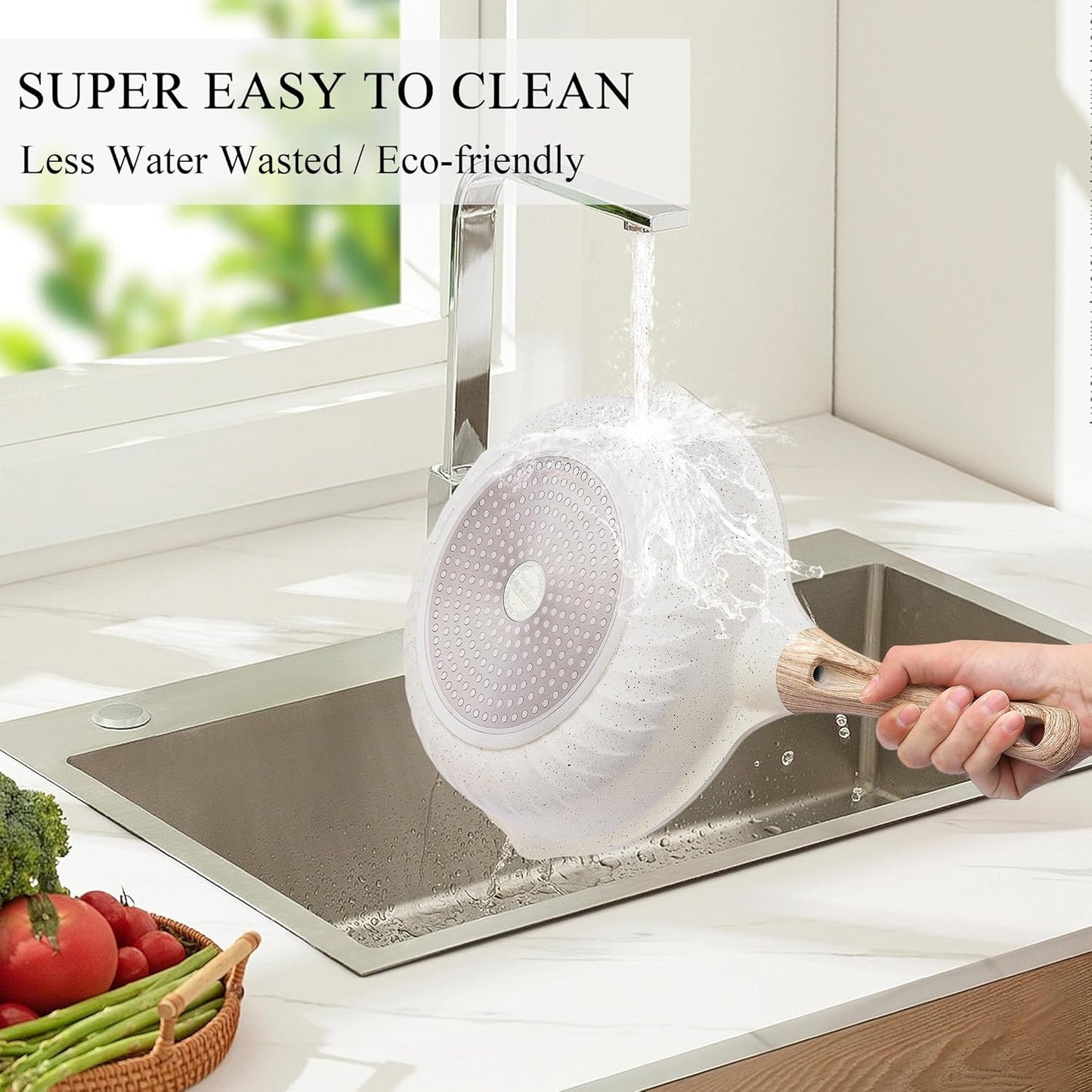 Vinchef Nonstick Deep Frying Pan, Saute Pan with Lid, 11"/5Qt, German 3C+ Ceramic Coating, Induction Compatible, White Color, Cookware for Kitchen