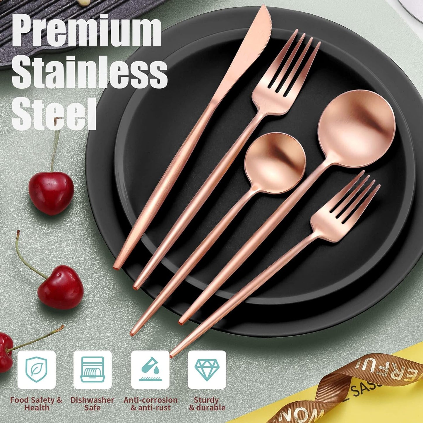 Matte Rose Gold Silverware Set for 4,Modern Stainless Steel Brushed Cutlery Set,20-Pieces Heavy Duty Flatware Set,Knives Spoons and Forks Set Utensils Set, Satin Finish, Dishwasher Safe