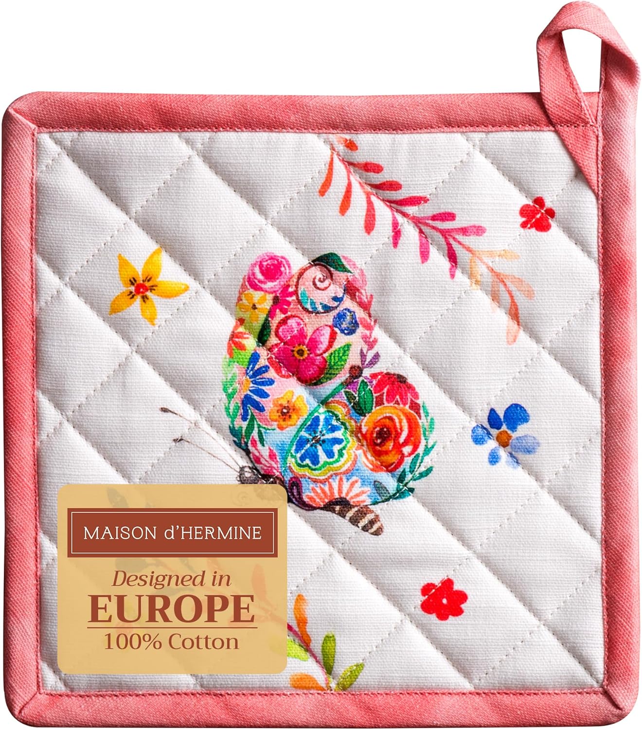 Maison d' Hermine Pot Holders 100% Cotton Heat Resistant Potholders 8" x 8" Hot Pads with Loop BBQ, Cooking, Grilling, Kitchen, Handling Hot Pans Spring/Summer (Pack of 1, Happy Florals - High Summer)