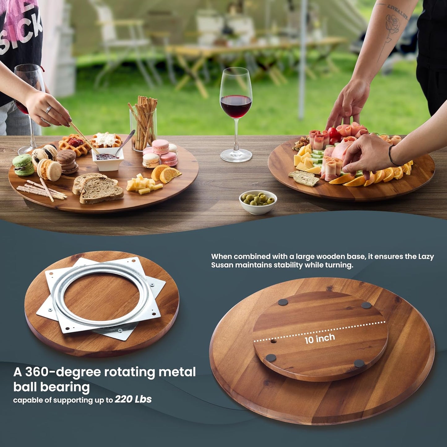16" Acacia Wood Lazy Susan for Table Top - Wooden Turntable Serving Tray for Charcuterie Boards Cheese Board - Extra Large Round Lazy Susan Organizer - Kitchen Revolution for Countertop