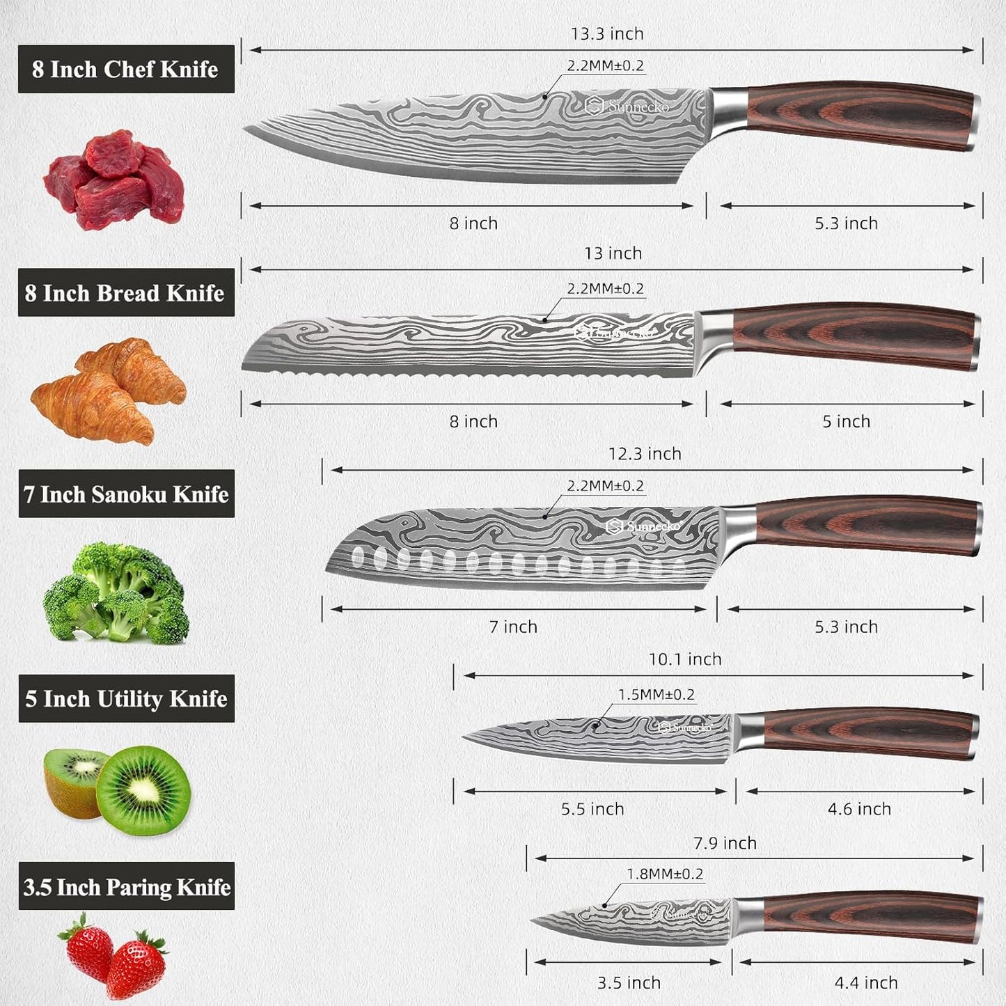 Sunnecko Kitchen Knife Set 5 Piece Chef Knife Set Professional High Carbon Stainless Steel, Sharp Kitchen Knives with Wooden Handle