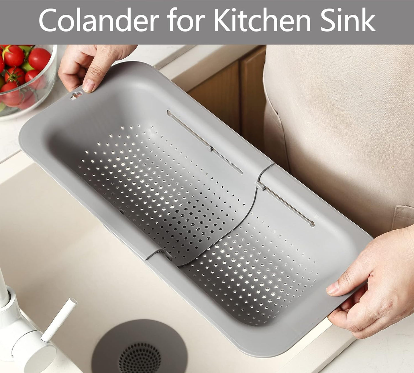 Adjustable Over the Sink Colander Strainer, Silicone Clip On Strainer for Pots Strainers and Plastic Colanders Drainer Basket for Food Pasta Vegetables Kitchen, Extendable 14.5"-19.5", Grey