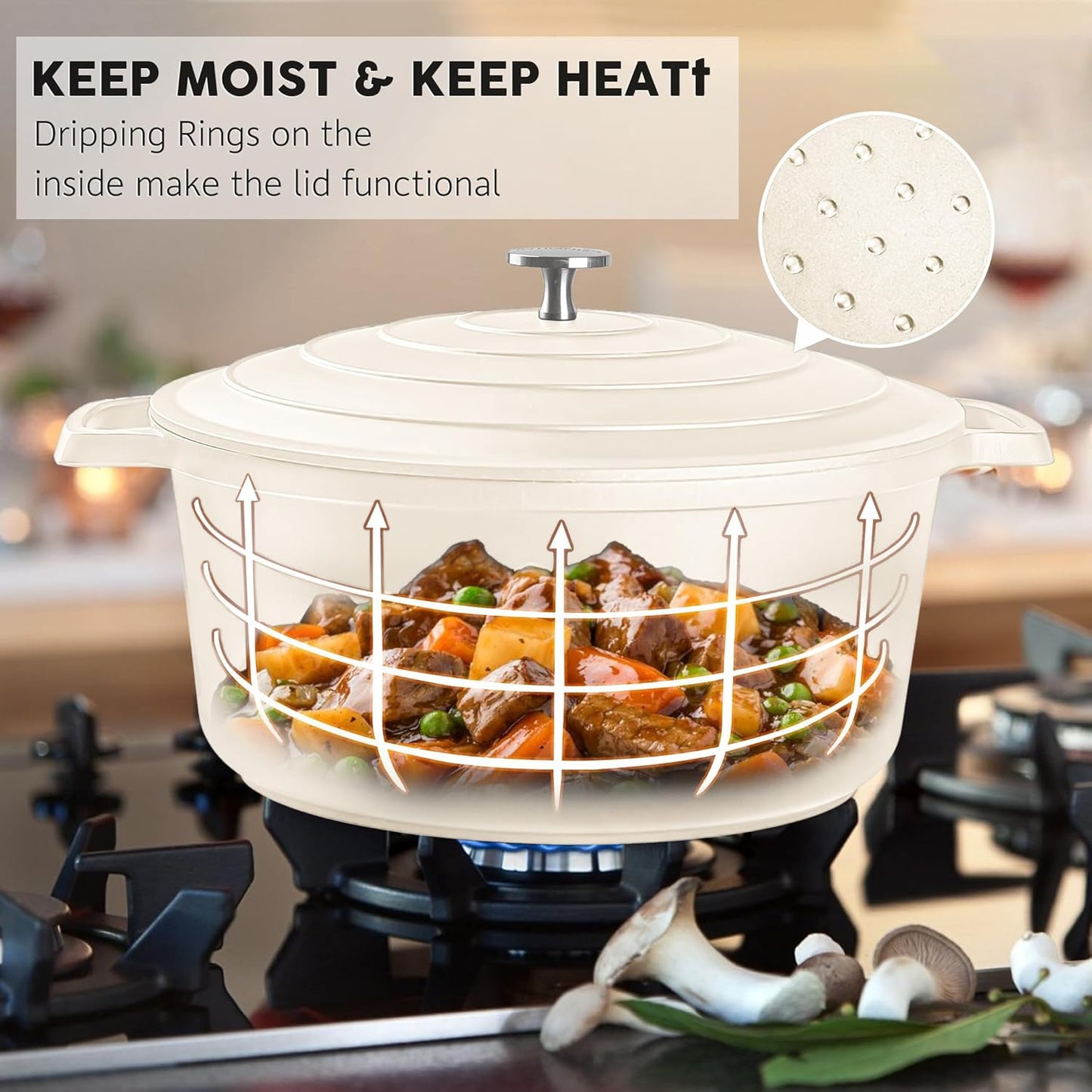 Large Dutch Oven Pot with Lid-7.5QT Cast Aluminum Oven Pot with Two Handles Lightweight for Bread Baking Braising and Roasting(Beige)