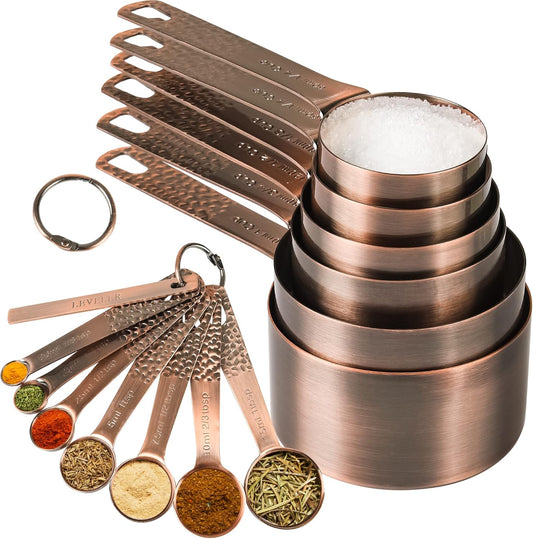 Copper Measuring Cups and Spoons - 6 Plated Cups, 7 Metal Spoons, 1 Leveler - Dry Measure Set
