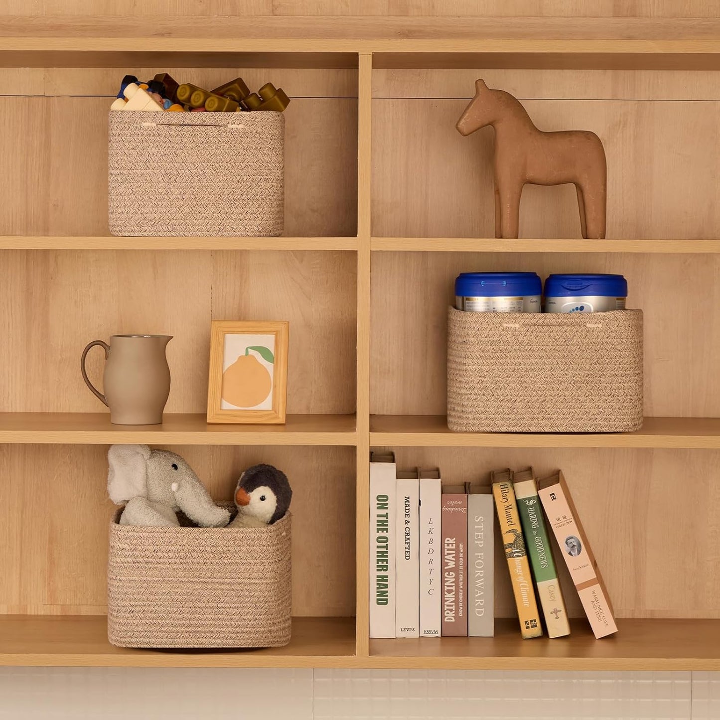 Small Organizing Baskets for Cubes Shelf, 9.7x9.7x7.1 Inch Rope Woven Storage Bins for Nursery Shelves Storage, Cute Toy Basket, Square 3 Packs Mixed Brown